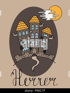 Hand-drawn poster for Halloween with a vampire's castle. Stock Vector