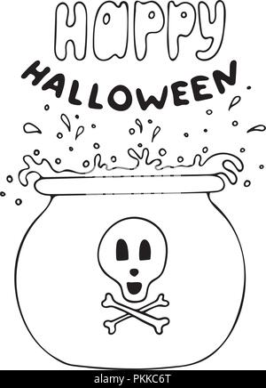 Copper with the boiling potion. Black-and-white halloween illustration. Stock Vector