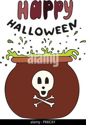 Hand-drawn vector illustration with copper with the boiling potion. Halloween poster. Stock Vector