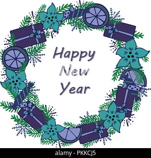 The frame in the form of a Christmas wreath decorated with gifts, flowers and oranges. Stock Vector