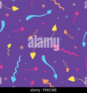 Gentle seamless pattern with hand-drawn color hearts on the violet background. Stock Vector