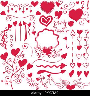 Set of romantic hand drawn elements. Different hearts, flowers and ...