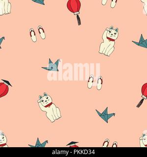 Seamless pattern with hand-drawn Japanese illustrations. Stock Vector