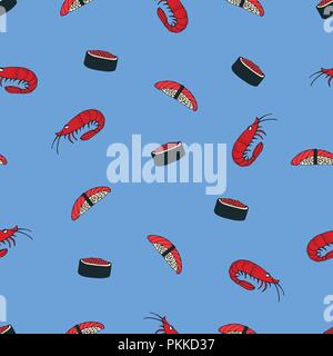 Seamless pattern with Japanese cuisine. Sushi and shrimps. Stock Vector