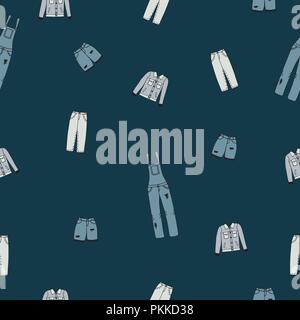 Seamless pattern with jeans clothes on a blue background. Stock Vector