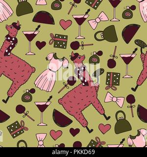 Cute hand-drawn seamless pattern of a lama-artist with the palette. Hand-drawn gentle pictures. Stock Vector