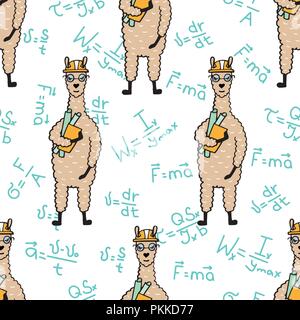 Cute hand-drawn seamless pattern of a lama-engineer in the construction helmet and drawings. Stock Vector
