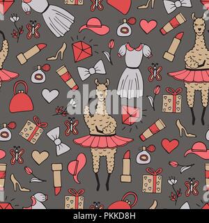 Cute hand-drawn seamless pattern of a lama-ballerina in a tutu. Hand-drawn gentle pictures. Stock Vector