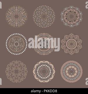 Brown vector set of 9 mandalas in tribal style. Stock Vector