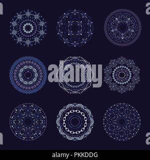 Blue tribal set of 9 vector mandalas. Stock Vector