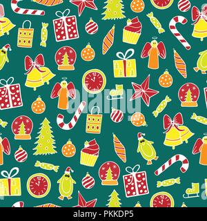 New Year seamless pattern on the green background. Stock Vector
