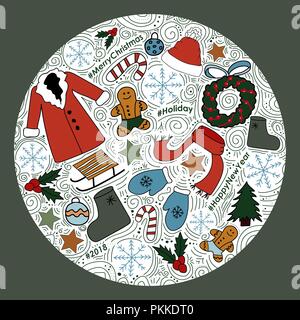 The circle with New Year images. Vector Illustration for winter holidays. Stock Vector