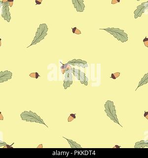 Gentle flower seamless pattern with hand-drawn oak leaves and acorns Stock Vector