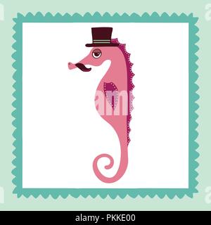 Serious hand-drawn sea horse with mustaches and in a hat. Stock Vector