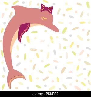Romantic hand-drawn dolphin with a bow on the head. Stock Vector