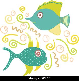 Lovely hand-drawn illustration of fishes and doodles. Stock Vector