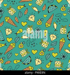 Cute seamless pattern with hand-drawn illustrations. Doodles. Stock Vector
