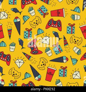 Cute seamless pattern with hand-drawn illustrations. Doodles. Stock Vector