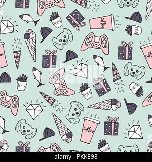 Cute seamless pattern with hand-drawn illustrations. Doodles. Stock Vector