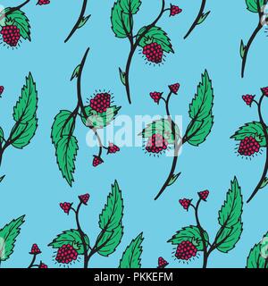 Bright flower seamless pattern with hand-drawn raspberry. Stock Vector