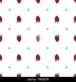 Bright flower seamless pattern with hand-drawn raspberry. Stock Vector