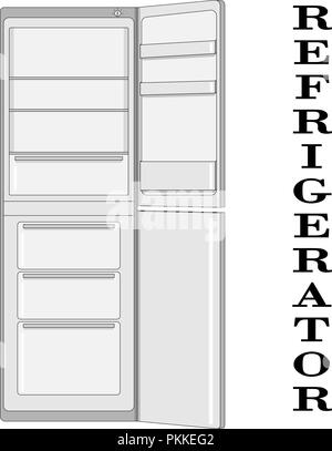 Empty and full fridge. Vector red refrigerator with food iso