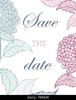 Greeting card with gentle pink and blue hydrangeas. Save the date. Stock Vector