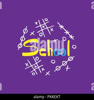 Unique school hand-drawn lettering with doodles. Tic-tac-toe on the purple background. Stock Vector