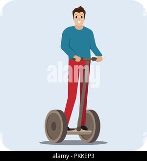 The man riding electric scooter. Bright vector poster. Stock Vector