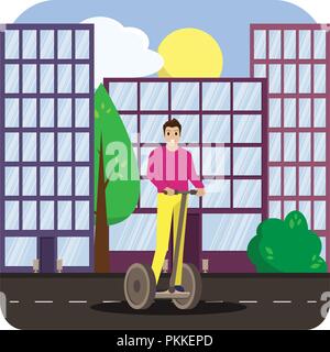 The man riding electric scooter in the city. Bright vector poster. Stock Vector