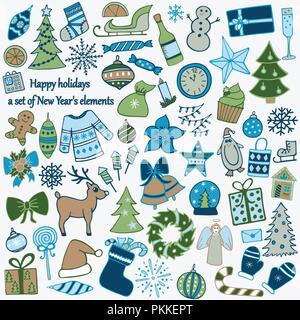 Set of 58 elements of design. The lovely hand-drawn New Year's illustrations. Stock Vector