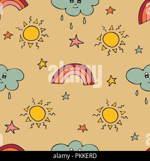 Lovely seamless pattern with the hand-drawn sun, clouds, rainbows, and stars. Stock Vector