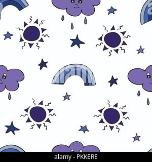Lovely seamless pattern with the hand-drawn sun, clouds, rainbows, and stars. Stock Vector
