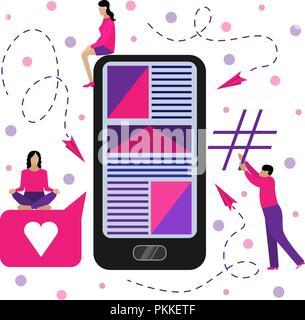 Flat vector illustration with small people in trendy colors. Social network in smartphone. Stock Vector