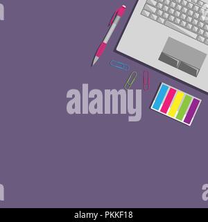 Flat lay vector illustration with laptop and stickers. Stock Vector