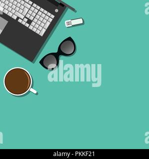 Flat lay vector illustration with laptop and coffee. Stock Vector