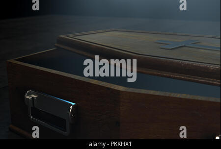 A slightly open empty wooden coffin with a metal crucifix and handles on a dark ominous background - 3D Render Stock Photo
