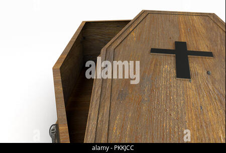 A slightly open empty wooden coffin with a metal crucifix and handles on an isolated white studio background - 3D Render Stock Photo