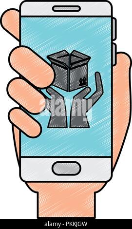 smartphone with box carton and hands protection Stock Vector