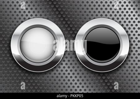 White and black buttons on metal perforated background. Round glass icons with chrome frame Stock Vector