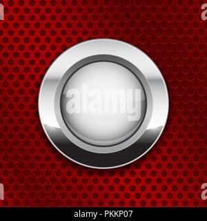 White glass button on red metal perforated background. Round shiny icon with chrome frame Stock Vector