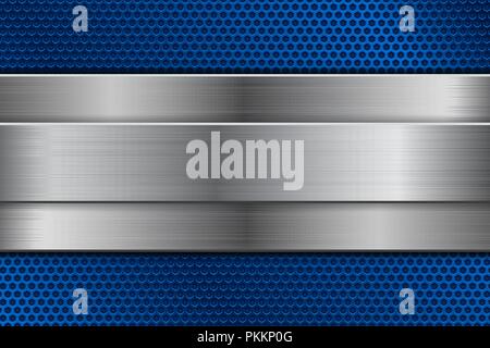 Blue metal perforated background with brushed steel plate Stock Vector