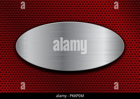 Brushed metal oval plate on red perforated background Stock Vector