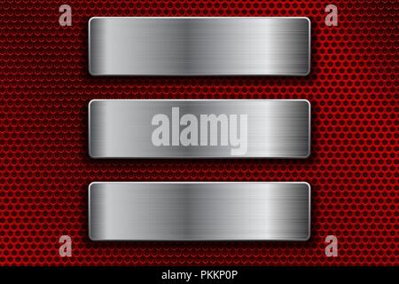 Steel plates on red metal perforated background Stock Vector