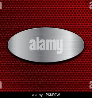 Brushed metal oval plate on red perforated background Stock Vector