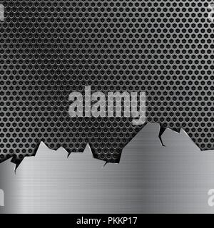 Metal perforated background with stainless steel element with torn edges Stock Vector