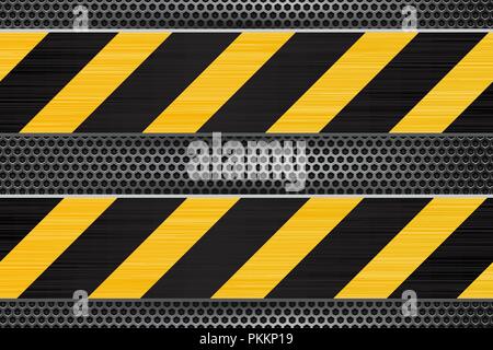 Under construction background. Black yellow stripes on metal perforated texture Stock Vector