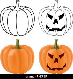 Halloween pumpkins. Orange 3d illustration and outline drawing Stock Vector