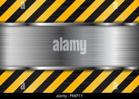 Brushed metal texture with black yellow stripes. Under construction background Stock Vector