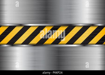 Brushed metal texture with black yellow stripes. Under construction background Stock Vector